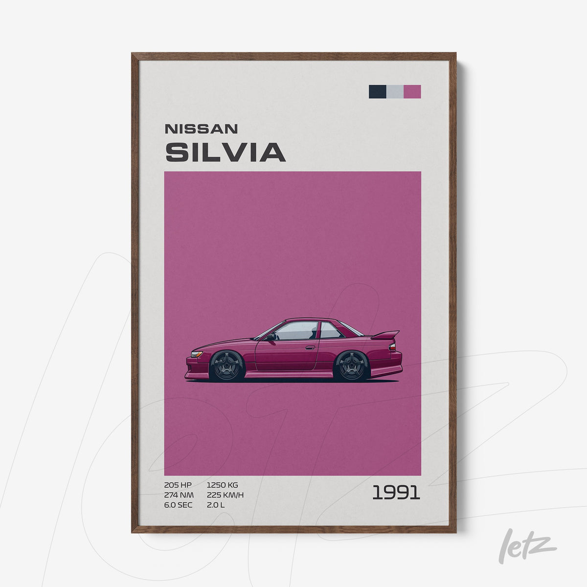 quadro com ilustração do carro Nissan Silvia de 1991 em fundo rosa vibrante e moldura de madeira escura