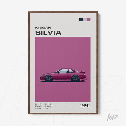quadro com ilustração do carro Nissan Silvia de 1991 em fundo rosa vibrante e moldura de madeira escura