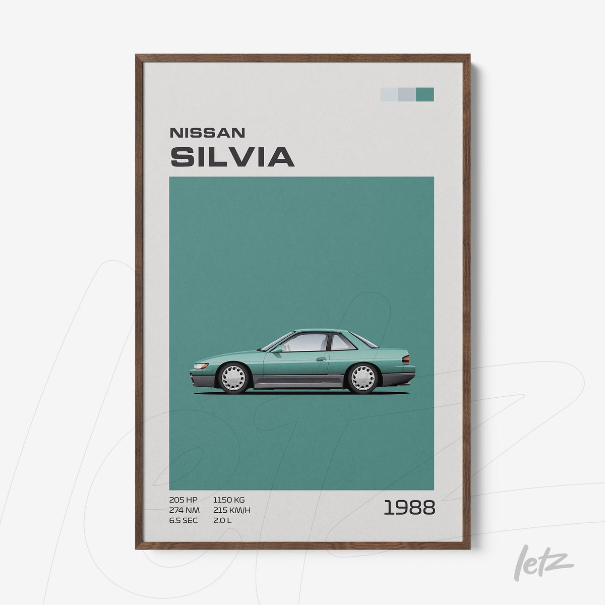 quadro com arte gráfica do carro Nissan Silvia de 1988 em fundo verde e moldura de madeira escura