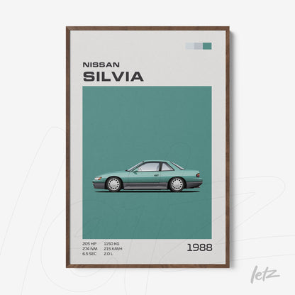 quadro com arte gráfica do carro Nissan Silvia de 1988 em fundo verde e moldura de madeira escura