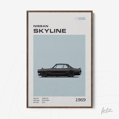 quadro com arte minimalista do carro Nissan Skyline de 1969 em moldura de madeira escura