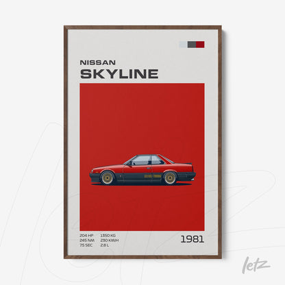 quadro com arte digital do carro Nissan Skyline de 1981 em moldura de madeira escura com fundo vermelho