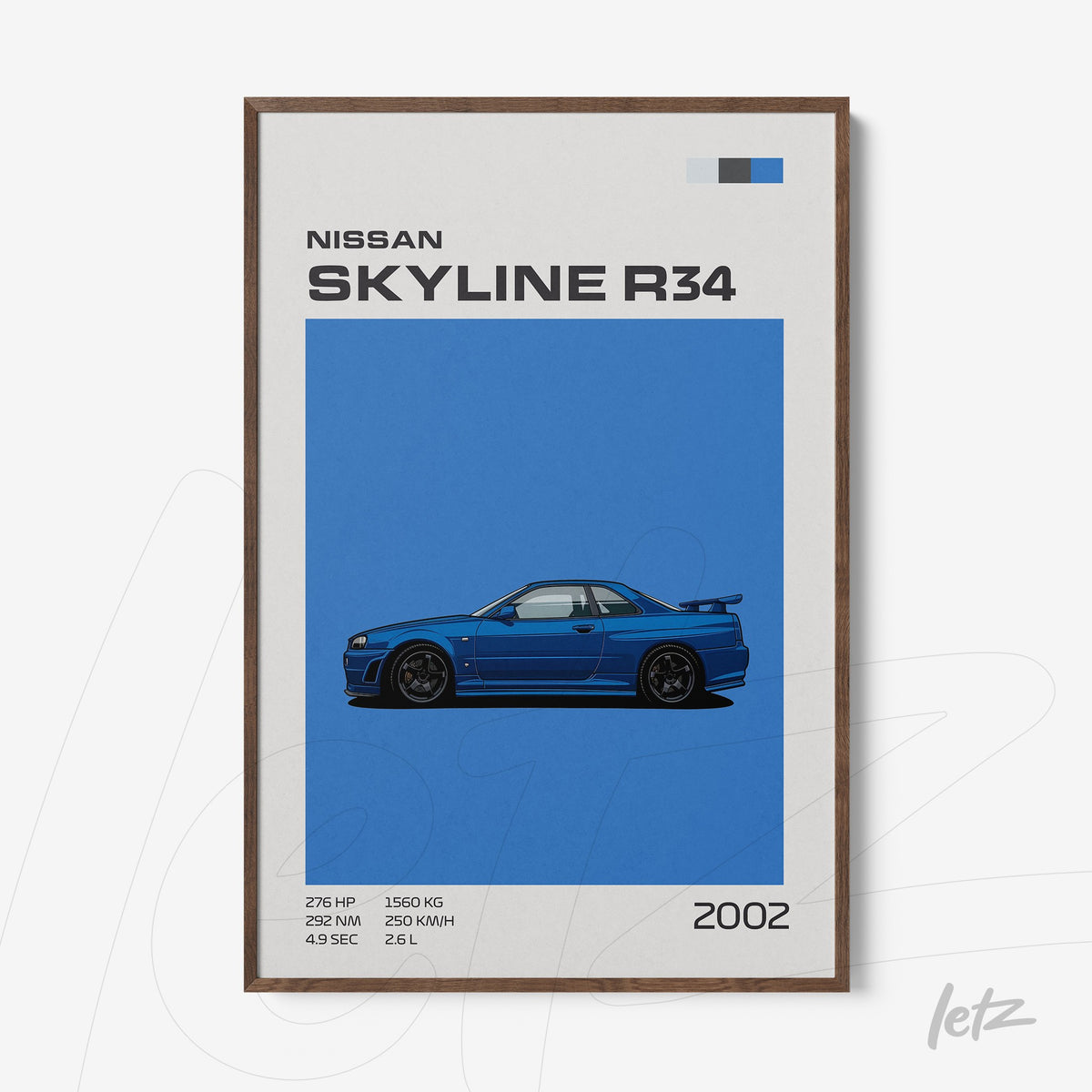 quadro com arte digital do carro Nissan Skyline R34 em fundo azul com moldura de madeira escura