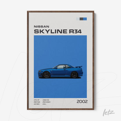 quadro com arte digital do carro Nissan Skyline R34 em fundo azul com moldura de madeira escura