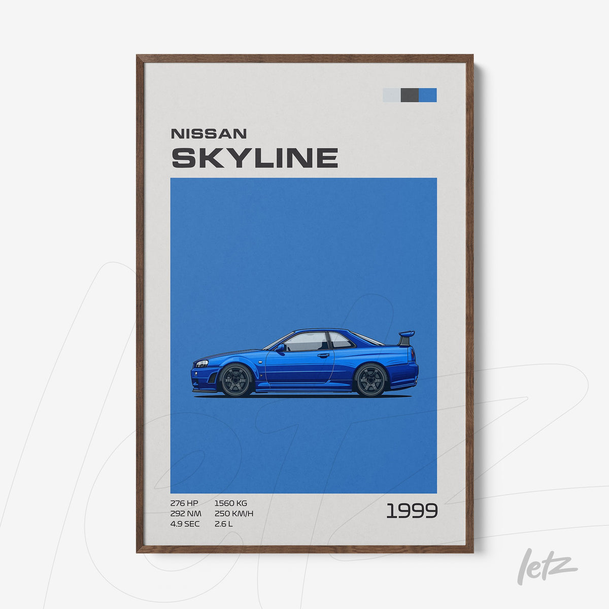 quadro com arte digital do carro Nissan Skyline de 1999 em fundo azul e moldura de madeira escura