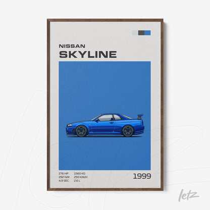 quadro com arte digital do carro Nissan Skyline de 1999 em fundo azul e moldura de madeira escura