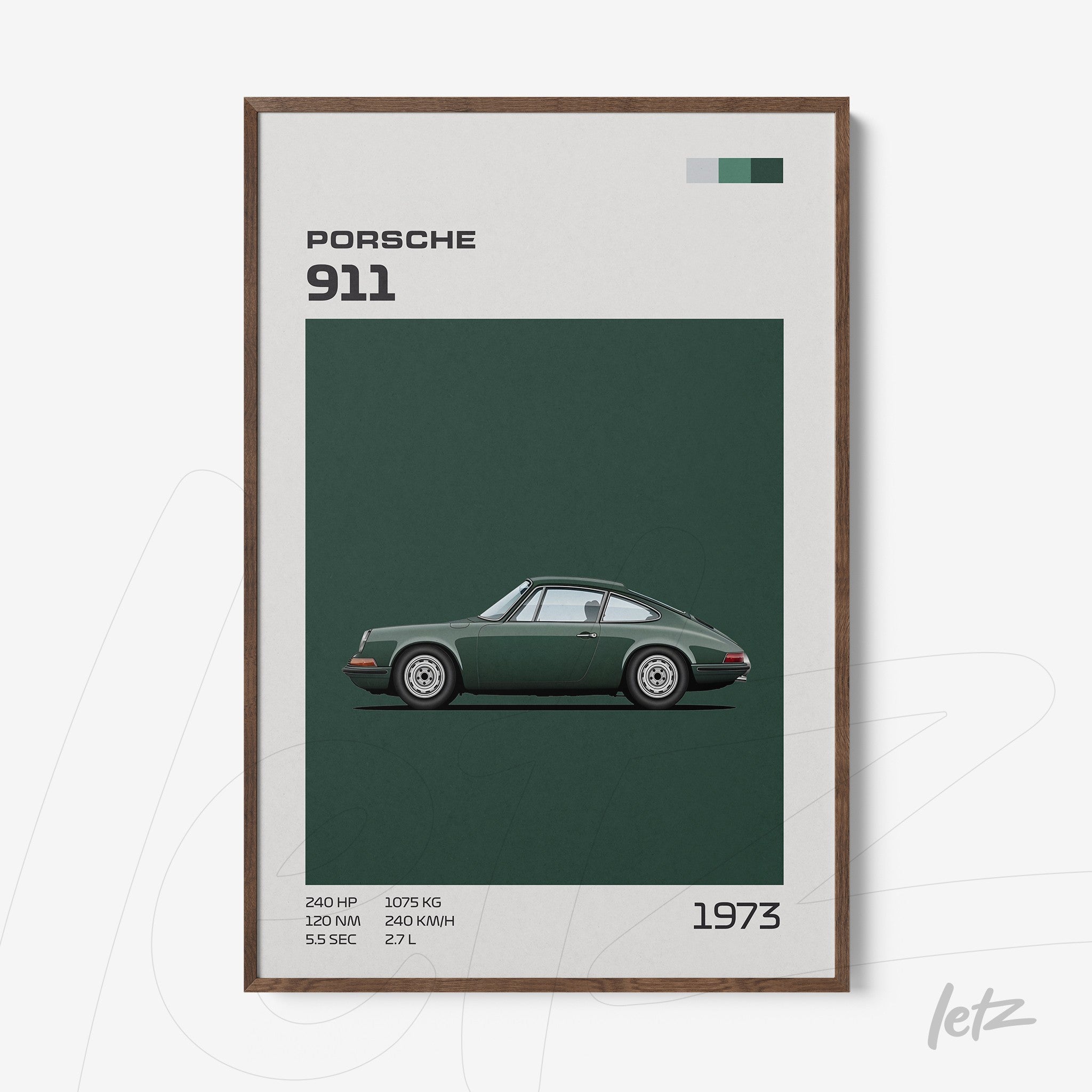 quadro com arte digital do carro Porsche 911 verde em uma moldura de madeira escura sobre fundo neutro