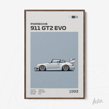 quadro com arte de carro esportivo Porsche 911 GT2 EVO de 1993 em moldura de madeira clara
