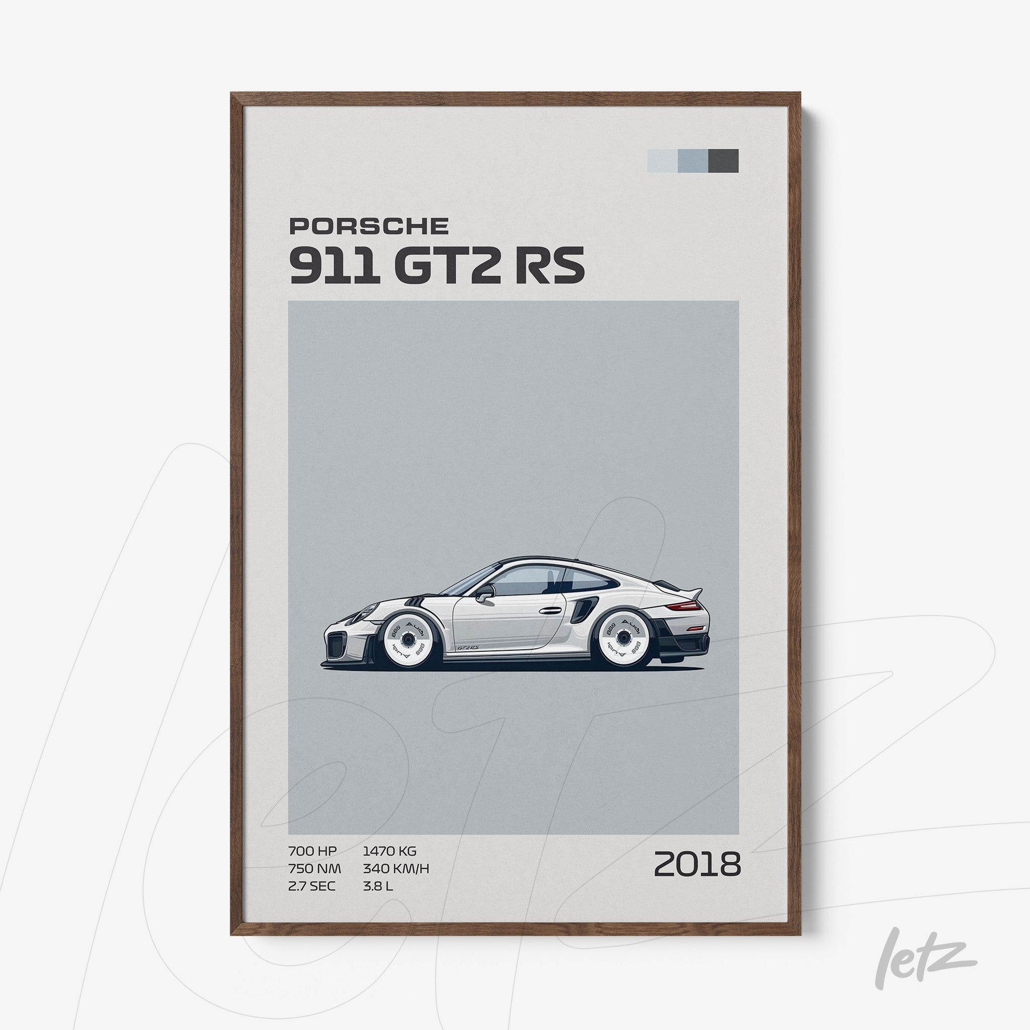 quadro com ilustração minimalista de um Porsche 911 GT2 RS 2018 em moldura de madeira escura