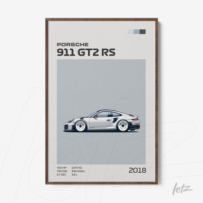quadro com ilustração minimalista de um Porsche 911 GT2 RS 2018 em moldura de madeira escura