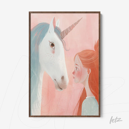 quadro com ilustração de uma garota olhando para um unicórnio branco em fundo rosa suave, com moldura de madeira escura