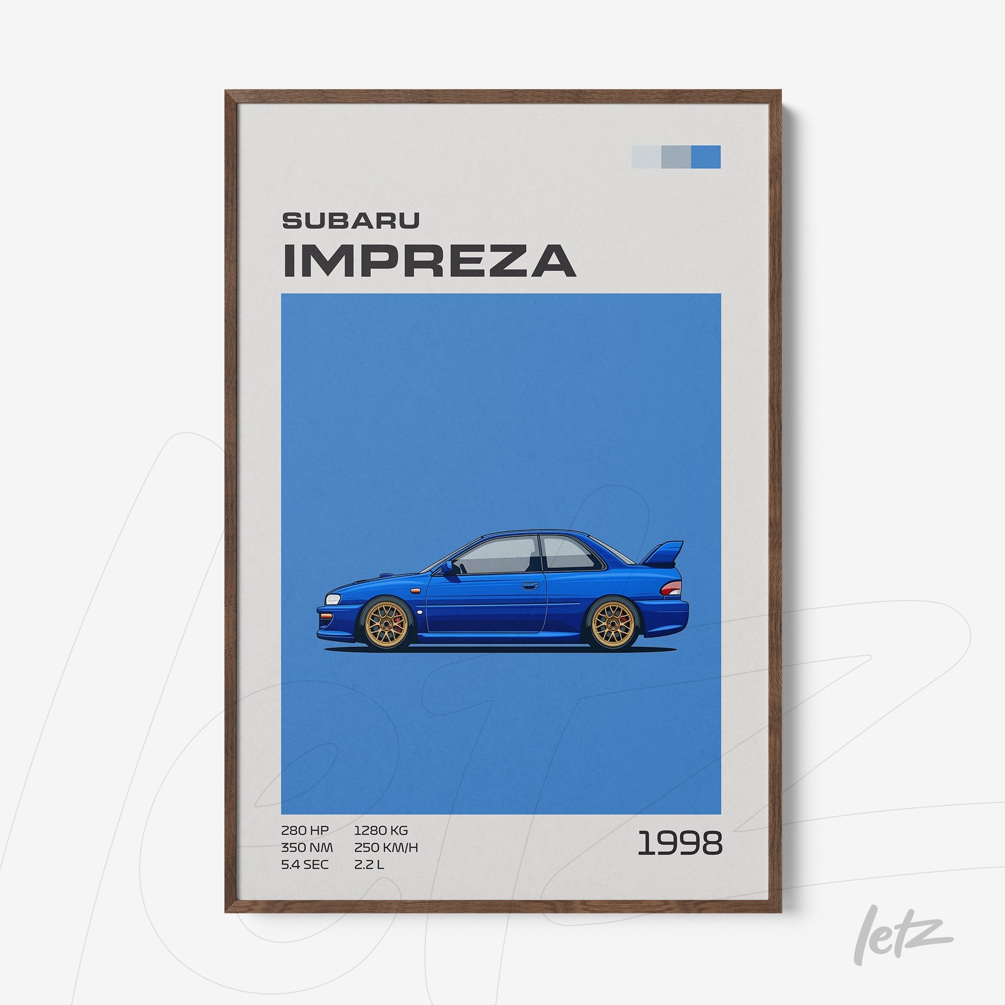quadro com ilustração minimalista do carro Subaru Impreza em fundo azul com moldura de madeira escura