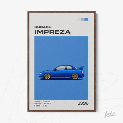 quadro com ilustração minimalista do carro Subaru Impreza em fundo azul com moldura de madeira escura