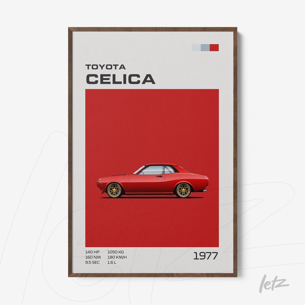 quadro com ilustração vintage do carro Toyota Celica vermelho em fundo vermelho vibrante e moldura de madeira escura