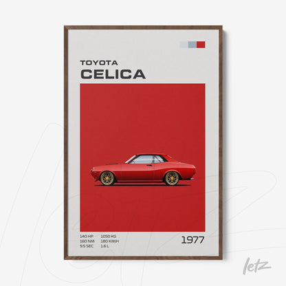 quadro com ilustração vintage do carro Toyota Celica vermelho em fundo vermelho vibrante e moldura de madeira escura