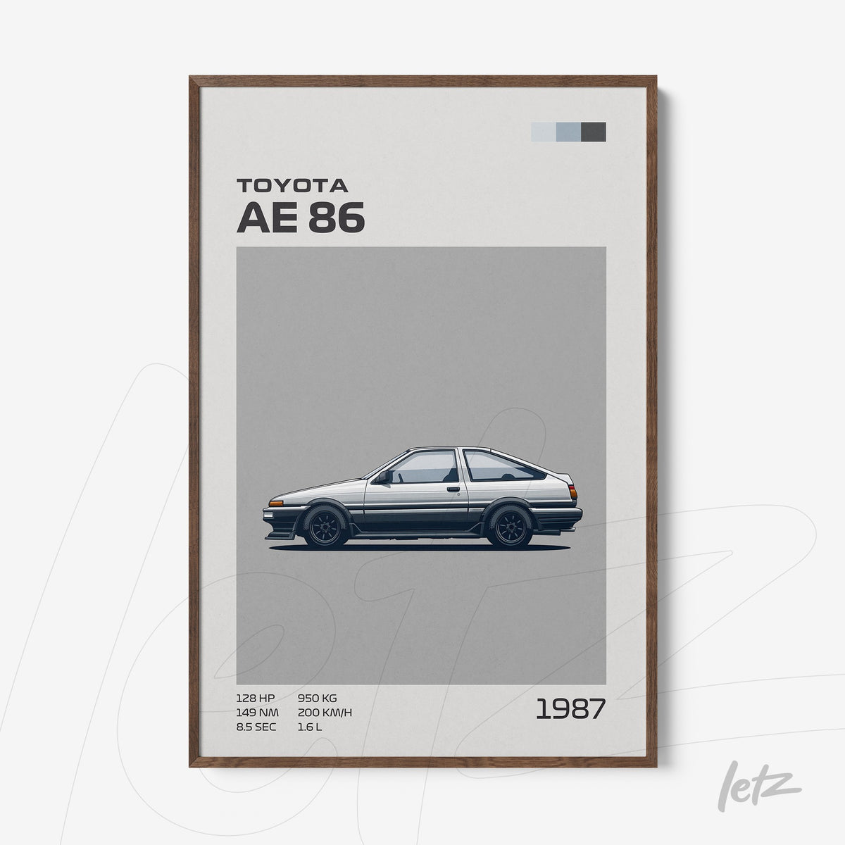 quadro com arte digital do carro Toyota AE86 em moldura de madeira escura sobre fundo cinza
