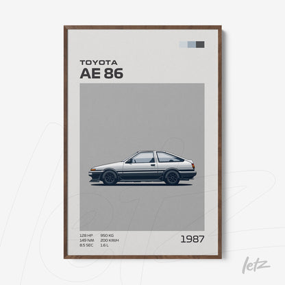 quadro com arte digital do carro Toyota AE86 em moldura de madeira escura sobre fundo cinza