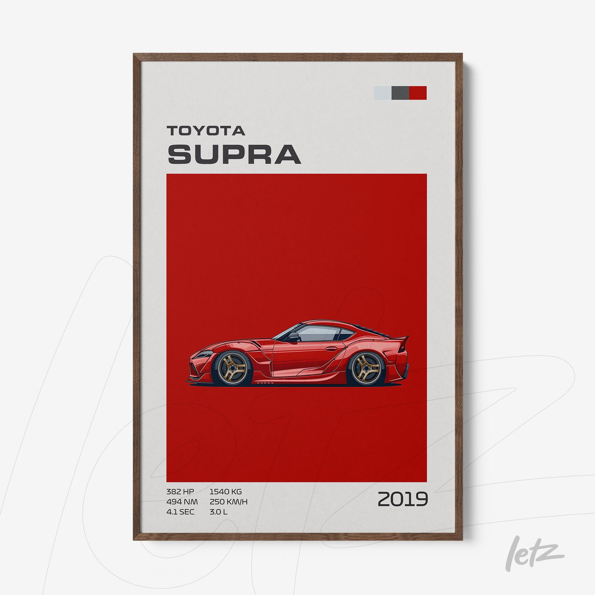quadro com arte gráfica de um carro Toyota Supra 2019 em fundo vermelho com moldura de madeira