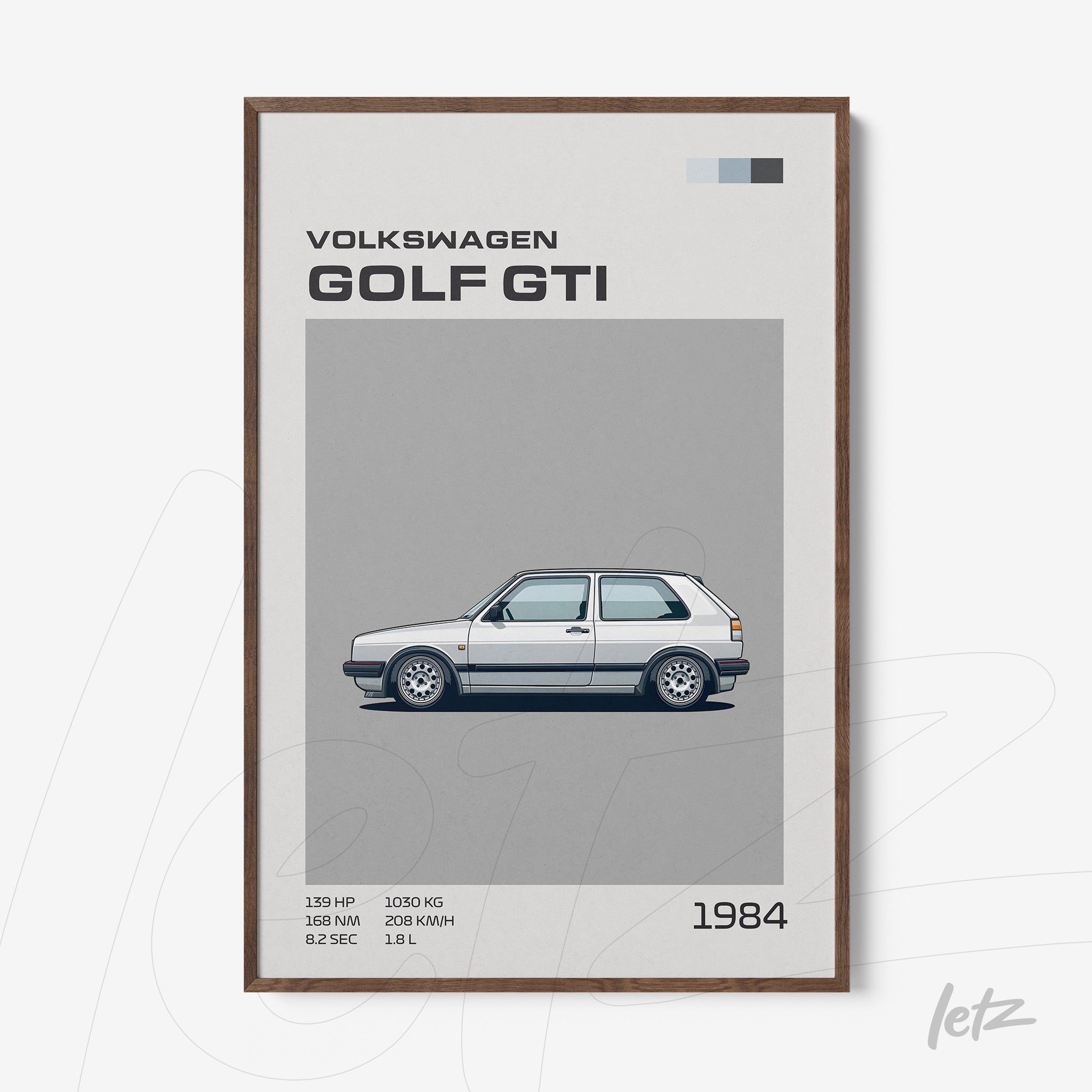 quadro com ilustração do carro Volkswagen Golf GTI de 1984 em moldura de madeira escura