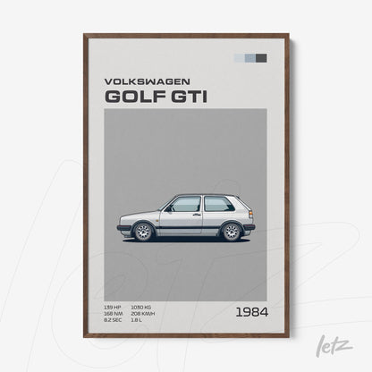 quadro com ilustração do carro Volkswagen Golf GTI de 1984 em moldura de madeira escura