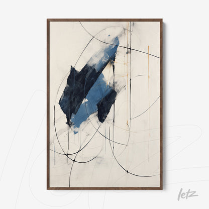 quadro abstrato com composição de formas em azul e preto, moldura de madeira clara