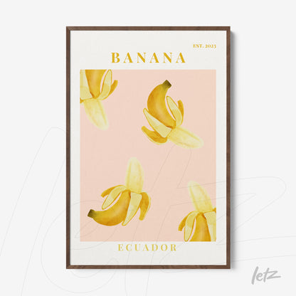quadro emoldurado com ilustração de bananas amarelas sobre fundo rosa claro, texto em amarelo com a palavra 'BANANA' e 'ECUADOR'