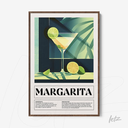 quadro decorativo com arte de margarita em moldura de madeira fina com fundo verde e limões
