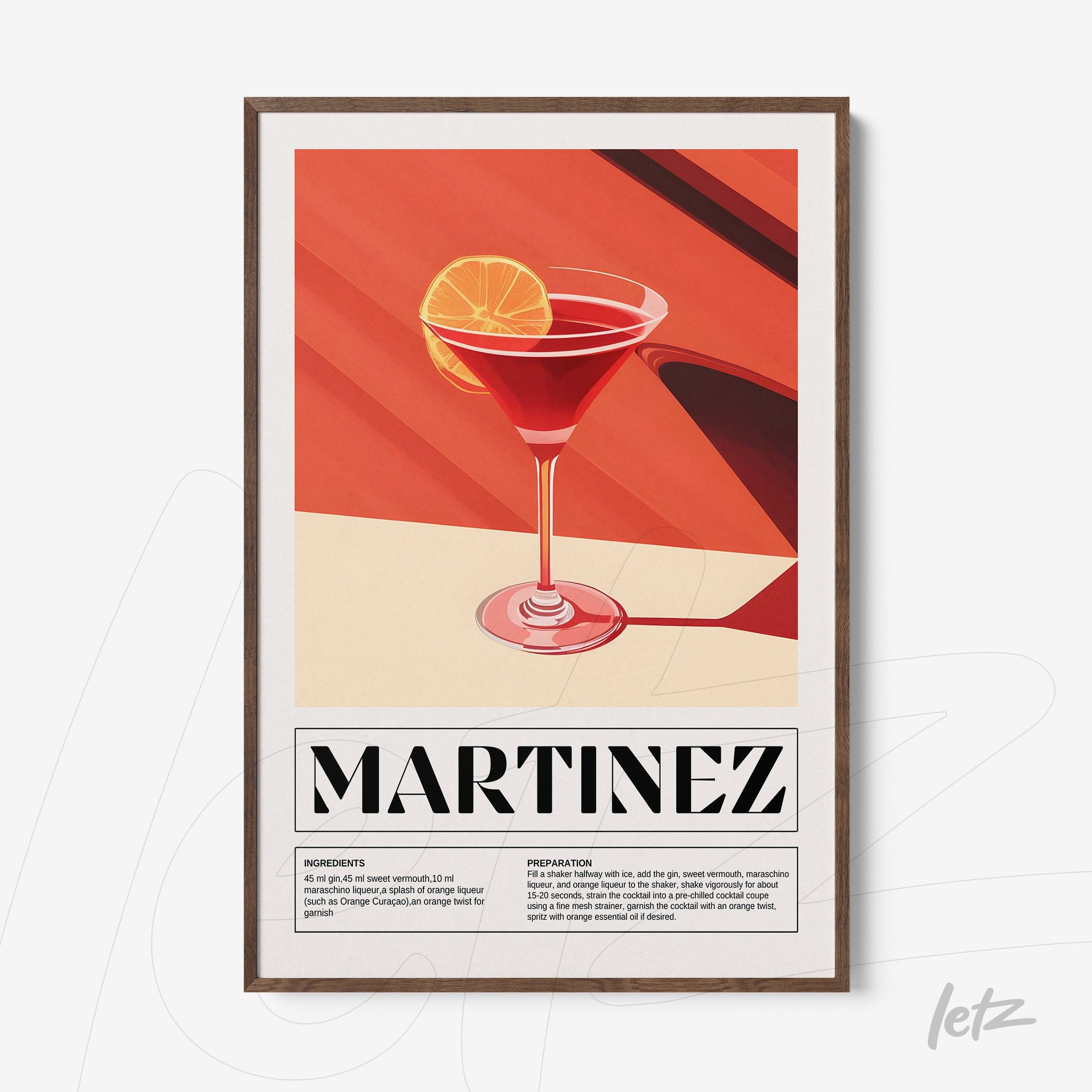 quadro com arte estilizada de coquetel martinez em fundo vermelho e laranja com moldura de madeira