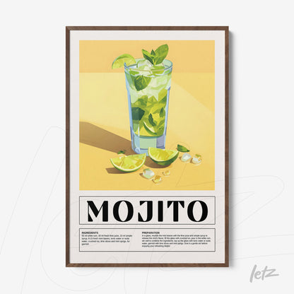 quadro com arte ilustrativa do drink mojito em moldura de madeira escura