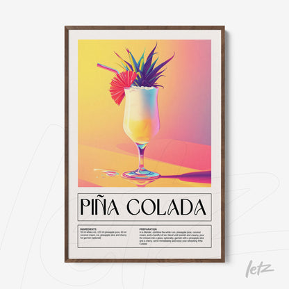 quadro com arte digital vibrante de coquetel piña colada em moldura de madeira escura