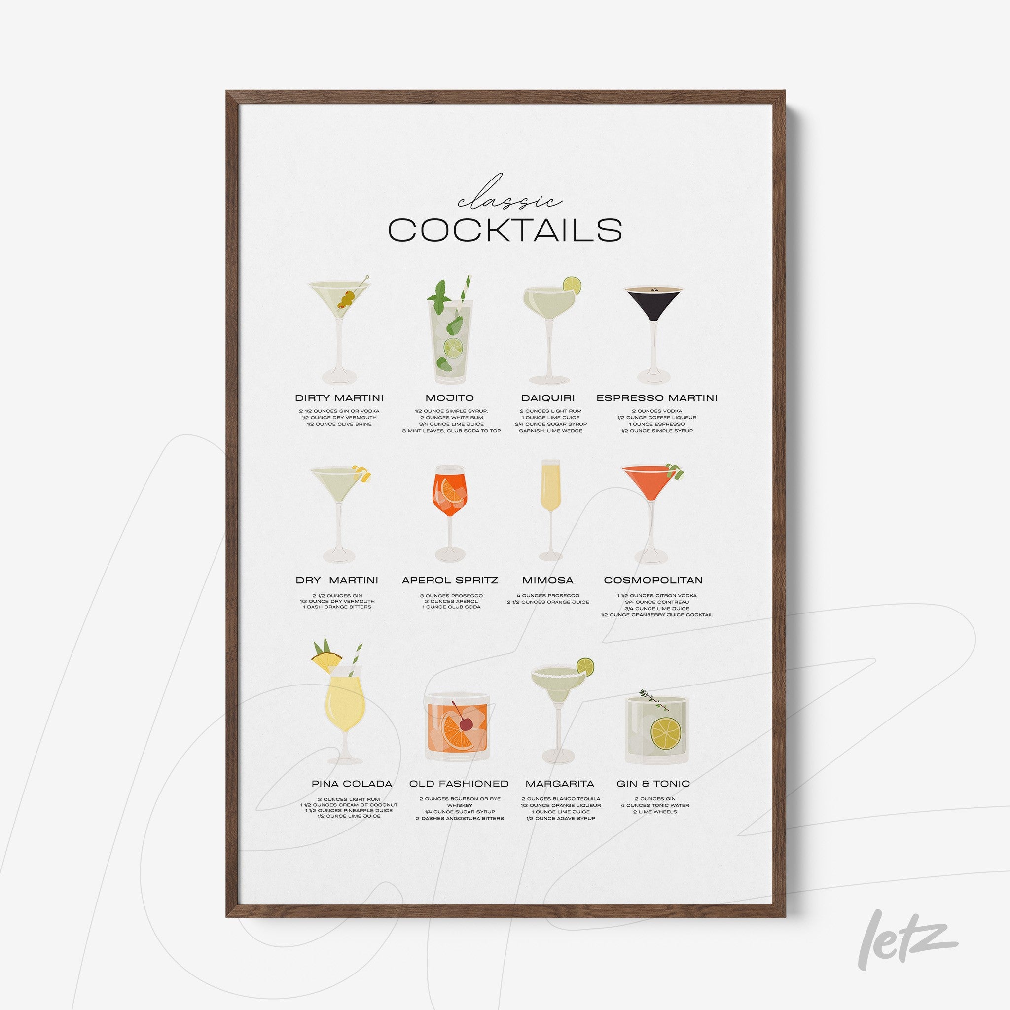 quadro decorativo com ilustrações de drinks clássicos em moldura de madeira escura