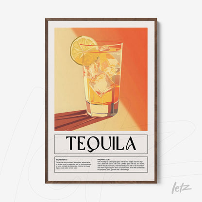 quadro com arte estilizada de drink tequila sobre fundo laranja e detalhes em creme, com moldura de madeira clara