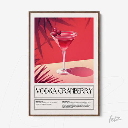 quadro com arte de drink vodka cranberry em moldura escura, fundo vermelho vibrante com detalhes de folhas