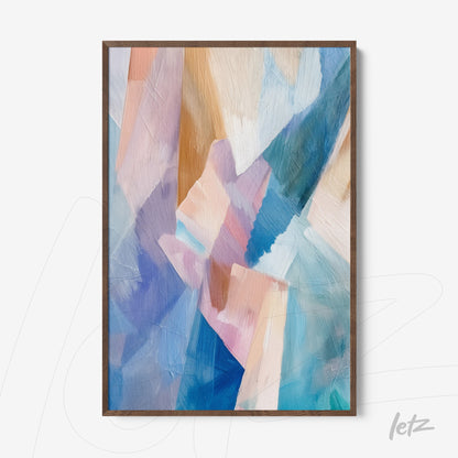 quadro com arte abstrata em tons de azul, rosa e bege, com moldura de madeira clara