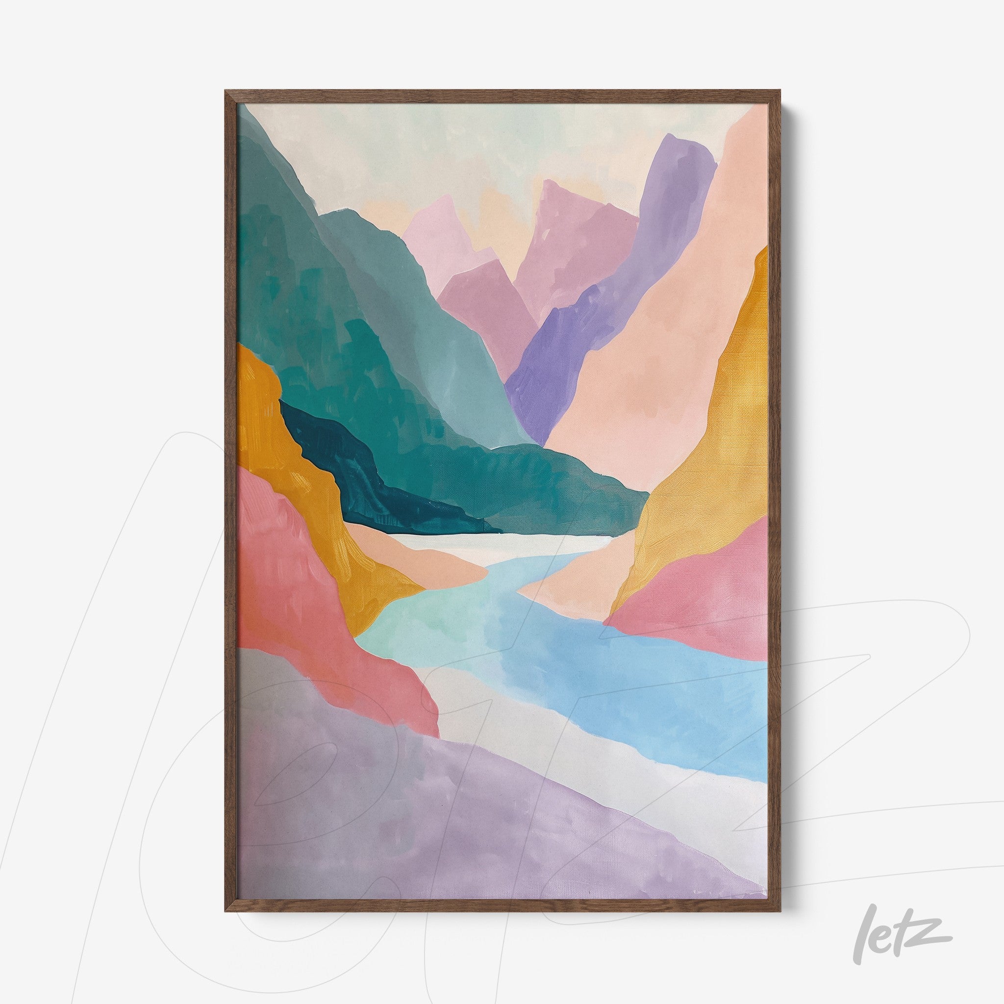quadro com arte abstrata de paisagem montanhosa em cores vibrantes com moldura de madeira escura