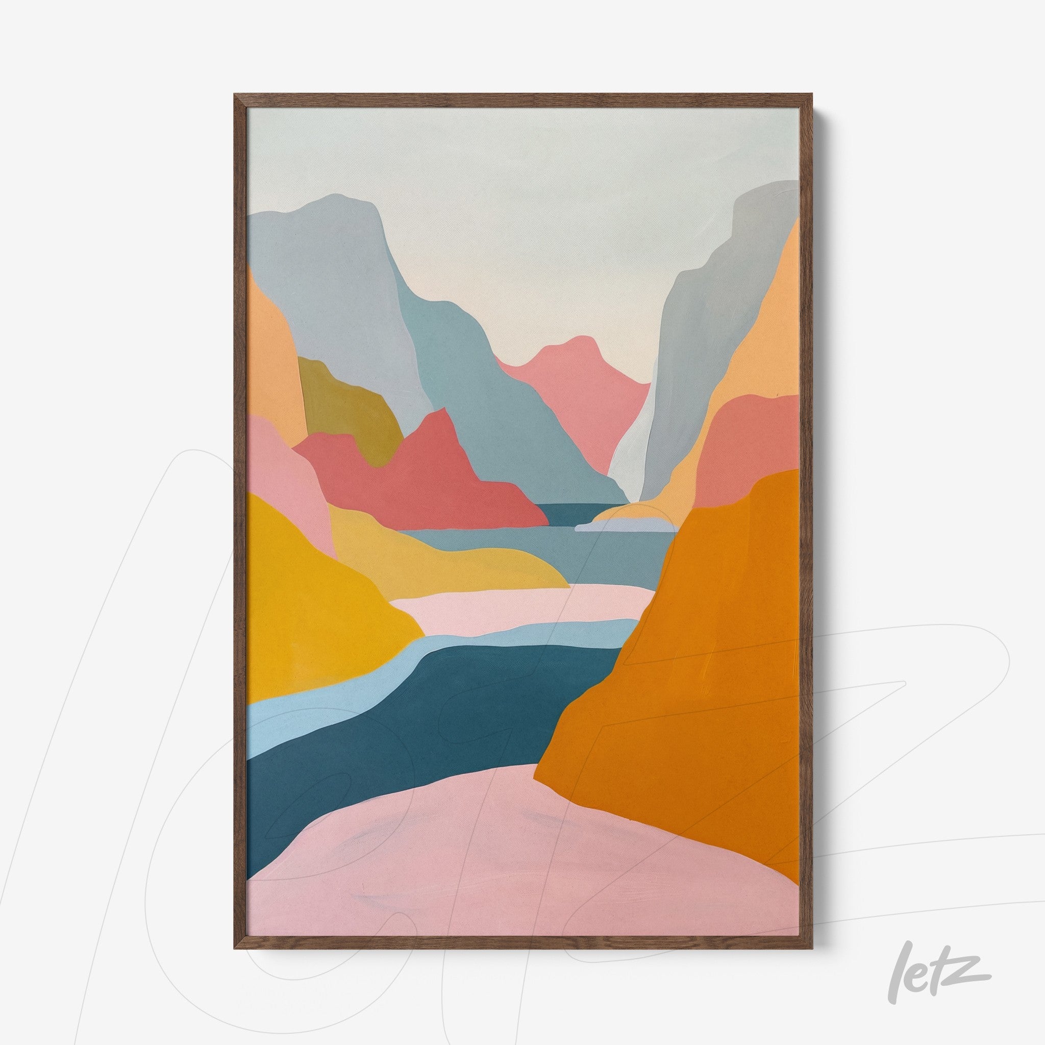 quadro com ilustração abstrata de paisagem montanhosa em moldura de madeira escura