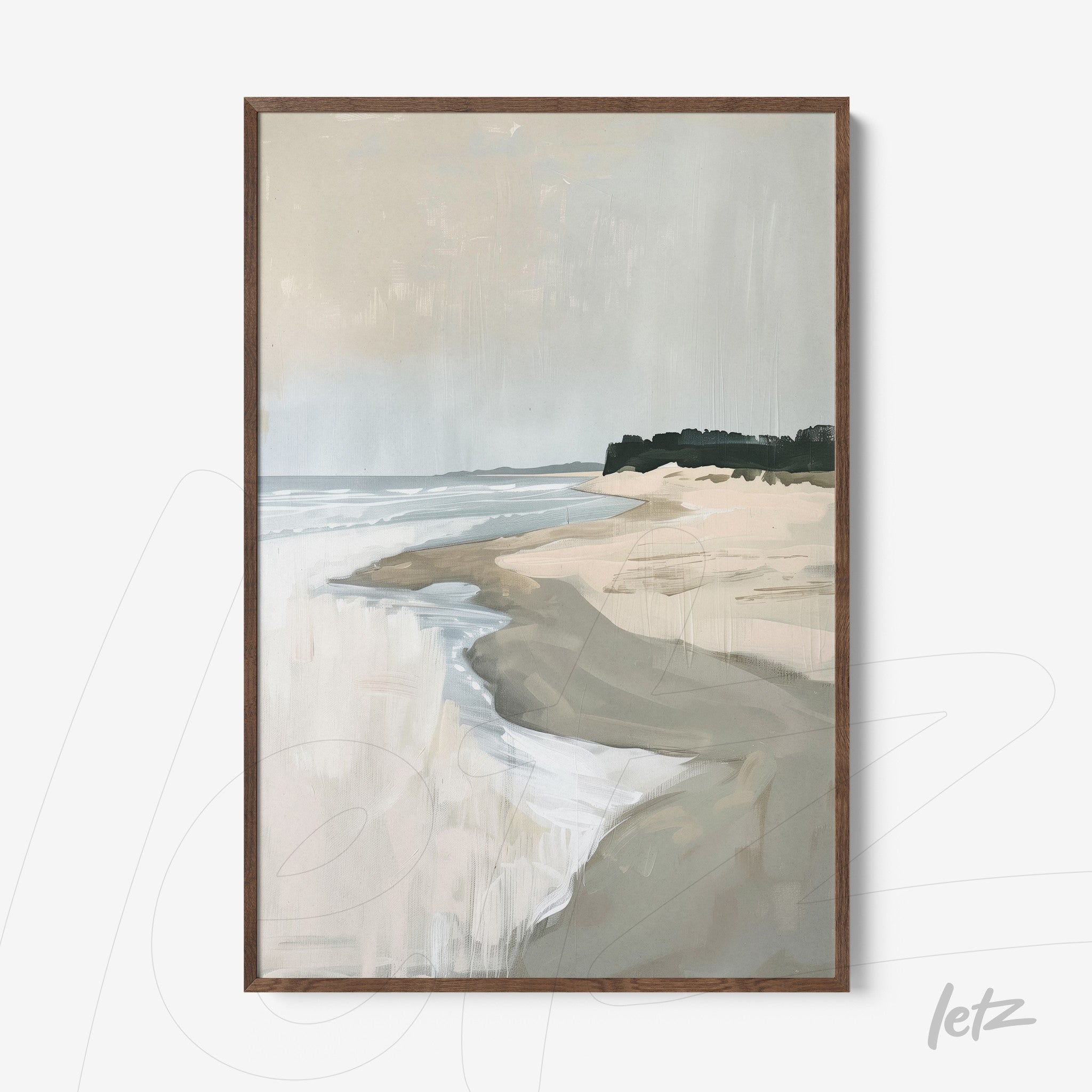 quadro com arte abstrata de paisagem de praia com areia e mar em moldura de madeira escura