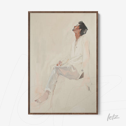 quadro com arte minimalista de retrato de homem sentado em moldura de madeira escura