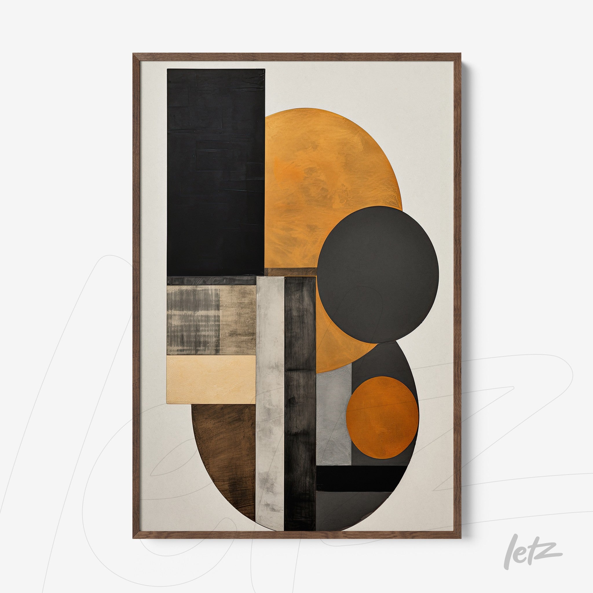 quadro com composição abstrata em tons de preto, laranja e cinza, moldura de madeira clara