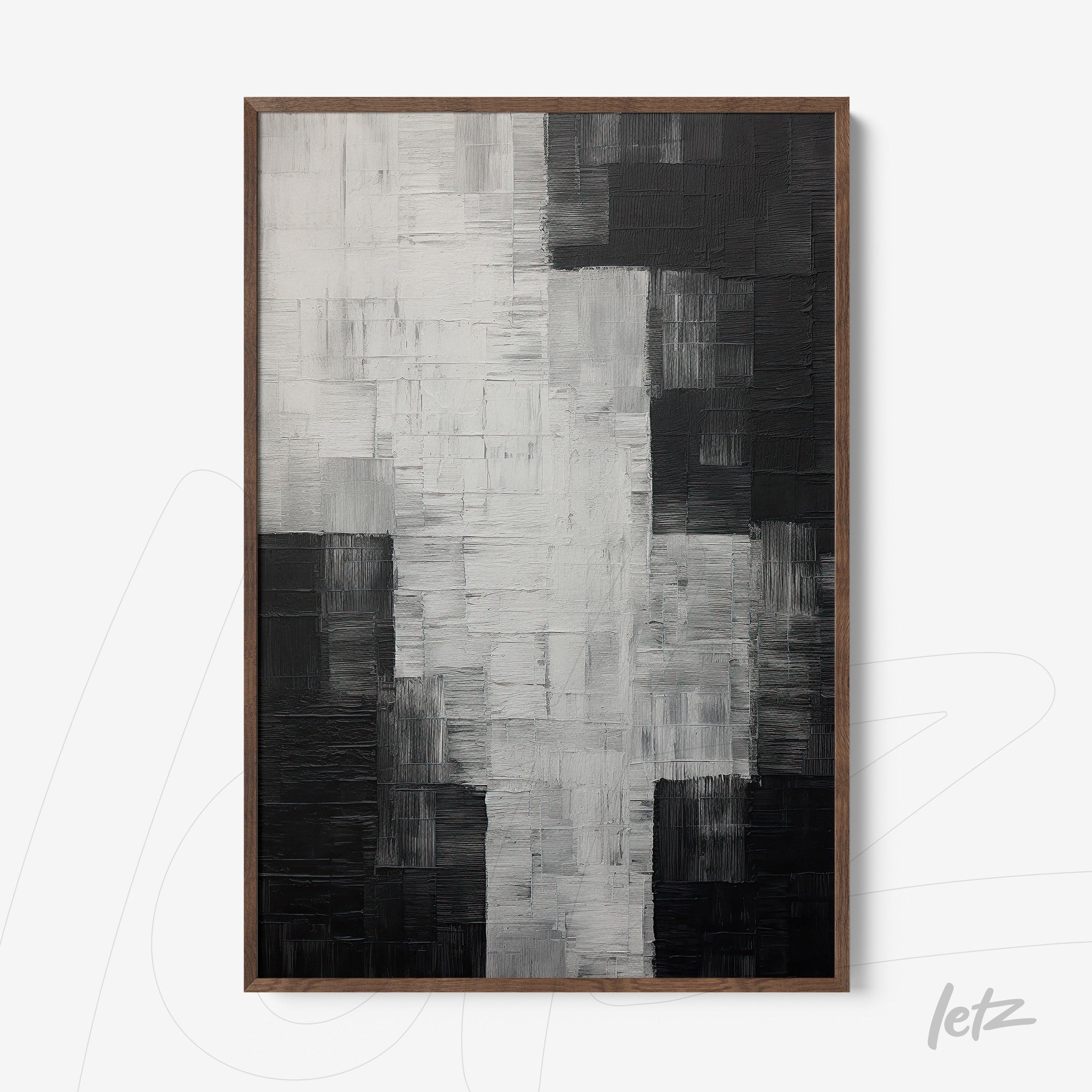 quadro abstrato em tonalidades de preto e branco, com texturas profundas, em moldura de madeira escura
