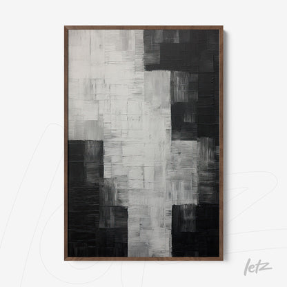 quadro abstrato em tonalidades de preto e branco, com texturas profundas, em moldura de madeira escura