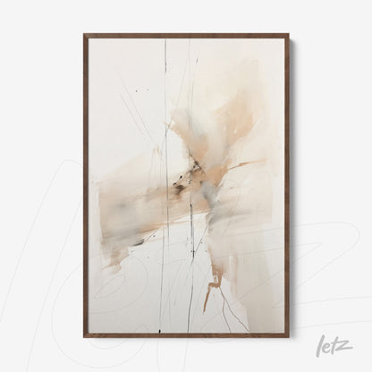 quadro abstrato com tons neutros e linhas sutis em moldura de madeira escura