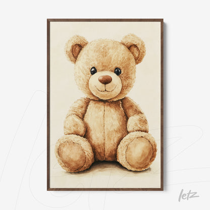 quadro de urso de pelúcia com moldura marrom em fundo bege