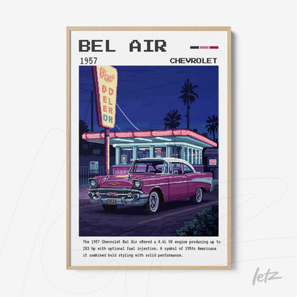 quadro com arte pixelada do Chevrolet Bel Air de 1957 em moldura clara com fundo escuro