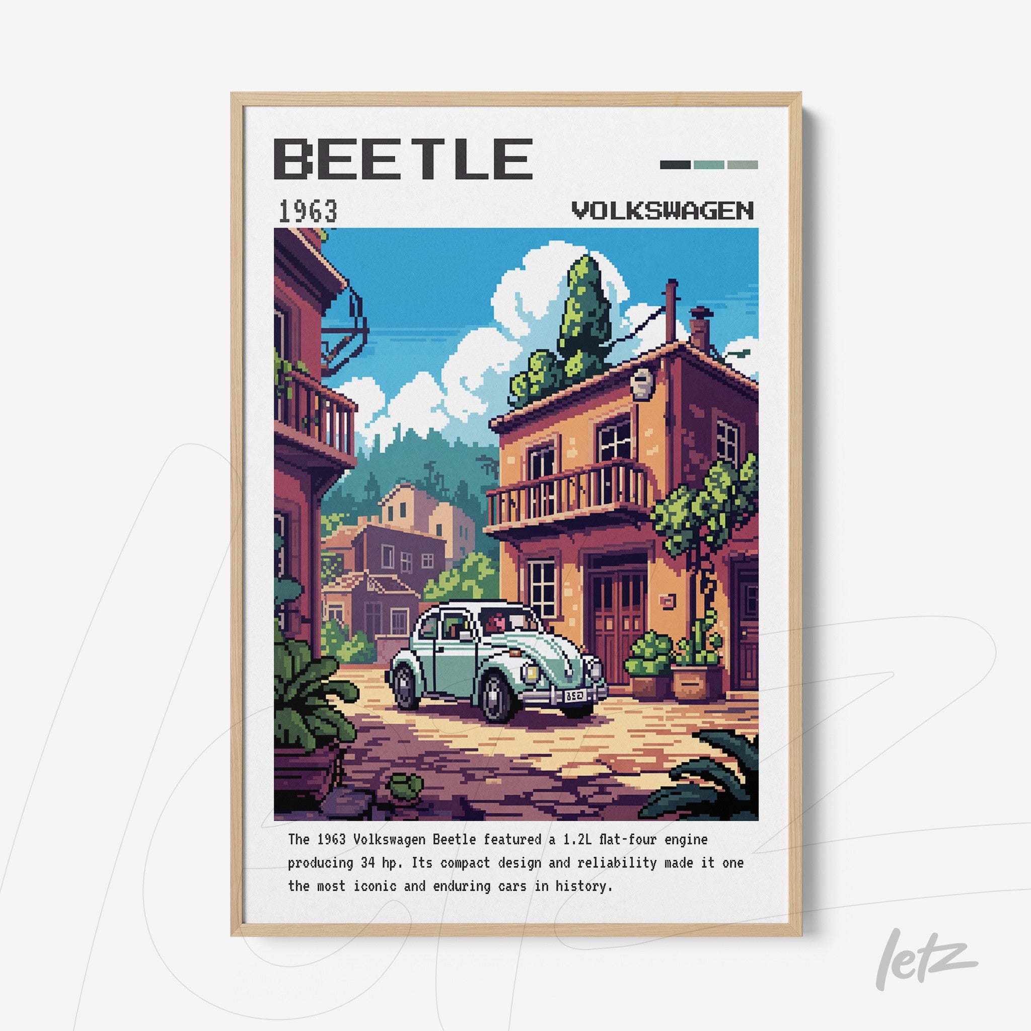 quadro com arte pixelada do carro Volkswagen Beetle de 1963 exibido em cenário urbano, moldura de madeira clara