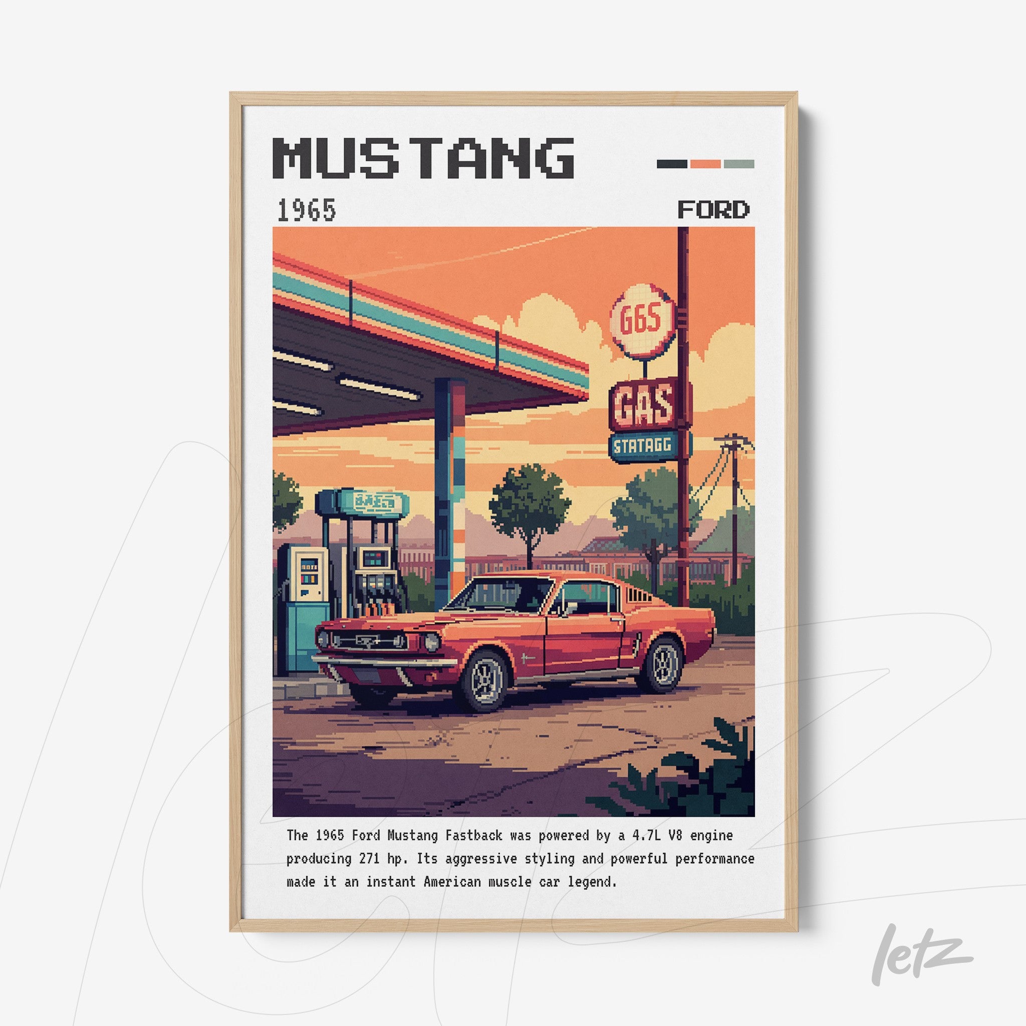 quadro com arte em pixel do carro Ford Mustang 1965 em uma estação de gasolina retro com moldura clara
