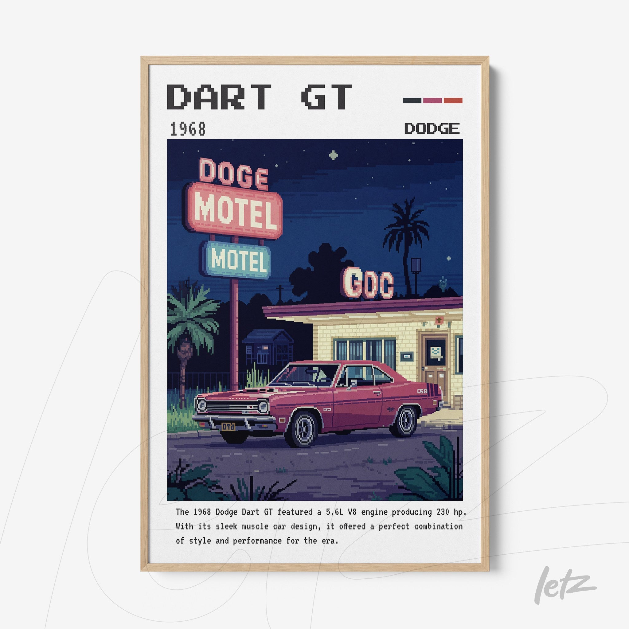 quadro com arte digital de um Dodge Dart GT 1968 estacionado em frente a um motel, com fundo noturno e detalhes retro