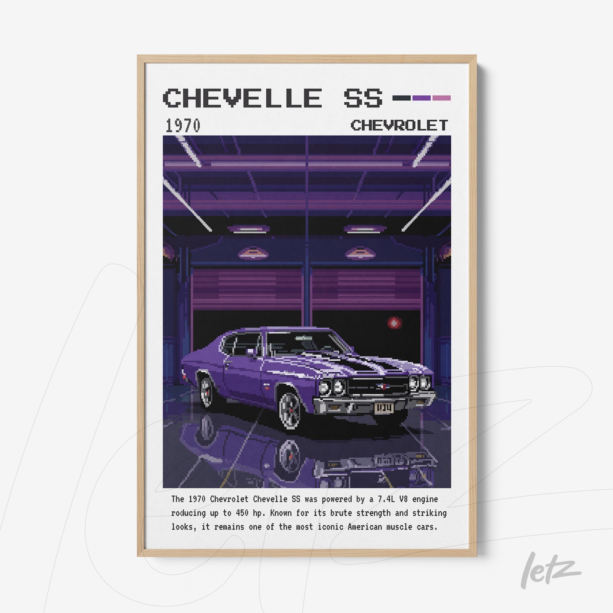 quadro com arte digital do carro Chevrolet Chevelle SS 1970 em moldura de madeira clara com fundo escuro