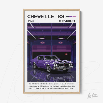 quadro com arte digital do carro Chevrolet Chevelle SS 1970 em moldura de madeira clara com fundo escuro