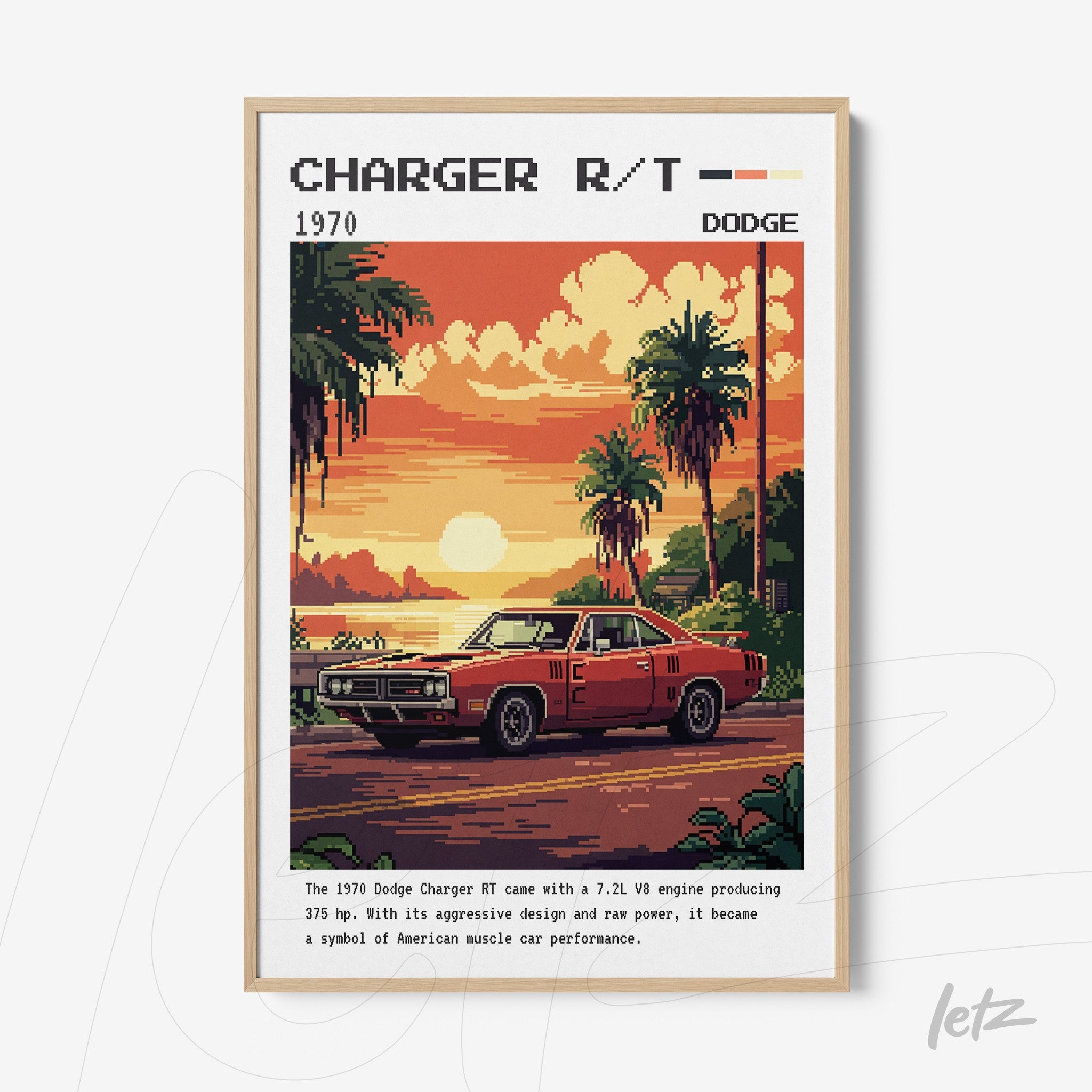 quadro com ilustração retrô de um Dodge Charger R/T de 1970 em fundo de pôr do sol tropical e moldura clara